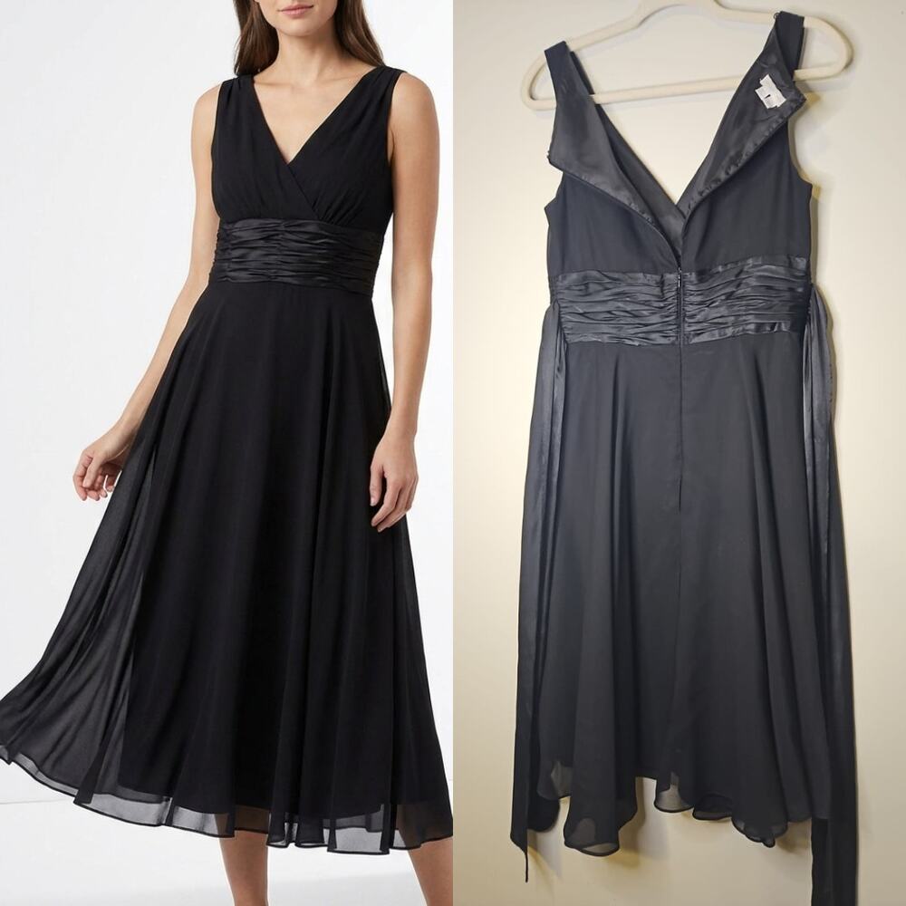 London Times Black Chiffon Midi Dress V-Neck Sleeveless Size 10